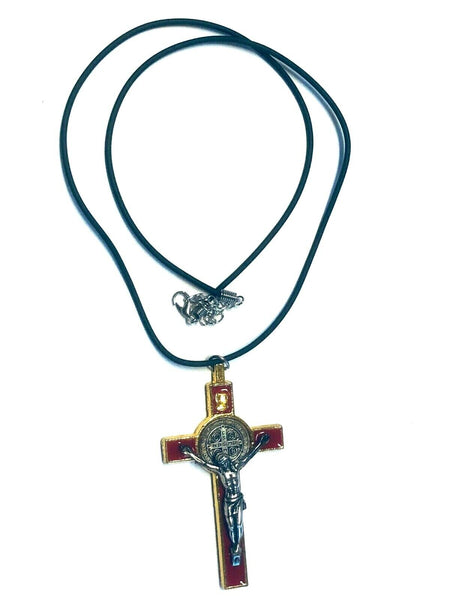 Saint Benedict Red Enamel Crucifix Pendant, New