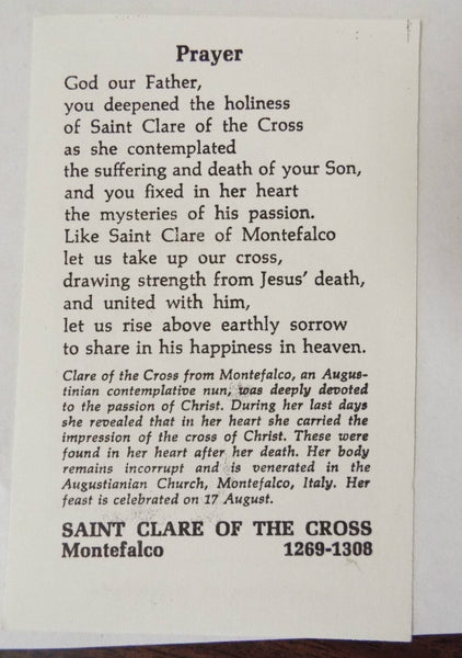 Saint Clare of Montefalco, Black & White  Prayer Card, From Italy