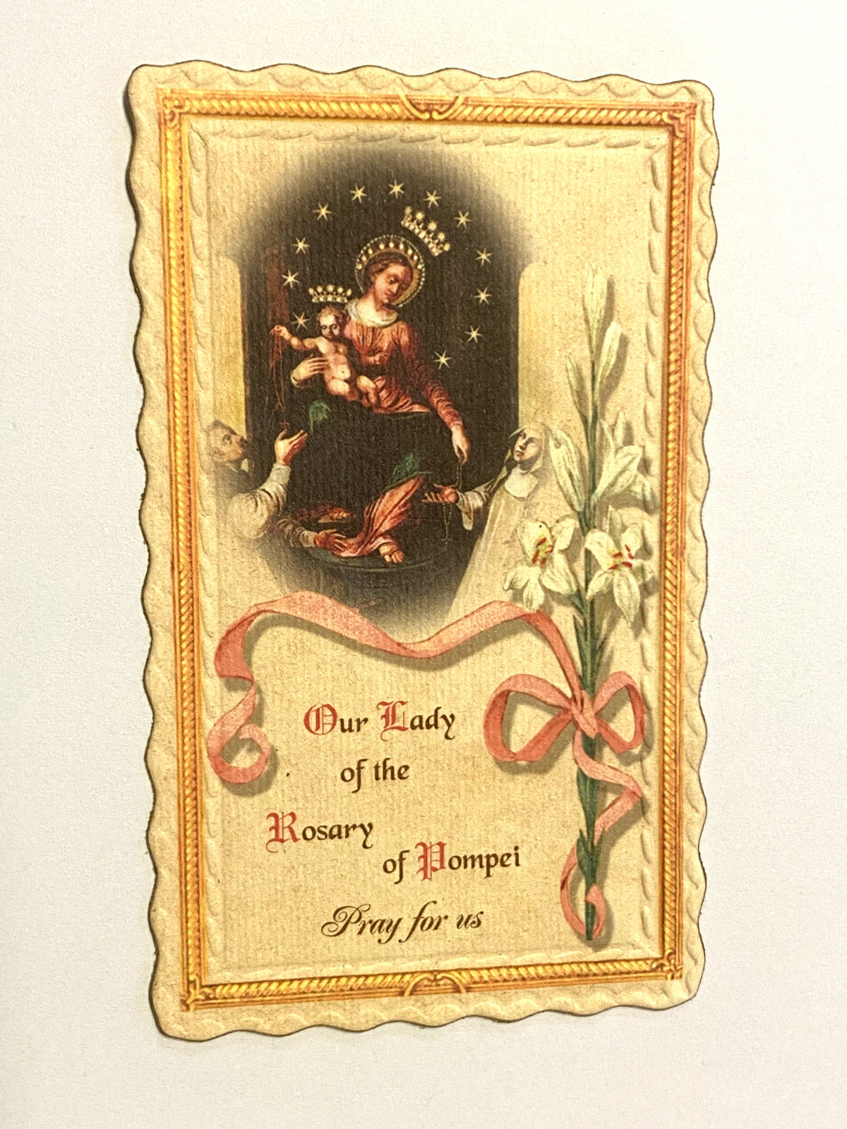 Our Lady of the Holy Rosary of Pompei Scalloped Prayer Card, New from Italy
