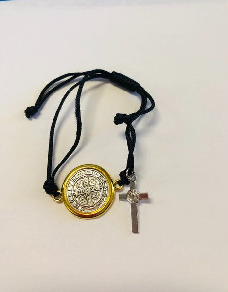Saint Benedict 2 Tone Medal Rope Adjustable Bracelet  7.5",  New