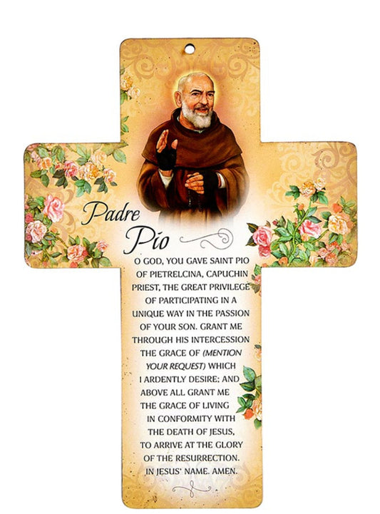 Padre Pio Wood 6" Cross with Prayer, New - Bob and Penny Lord