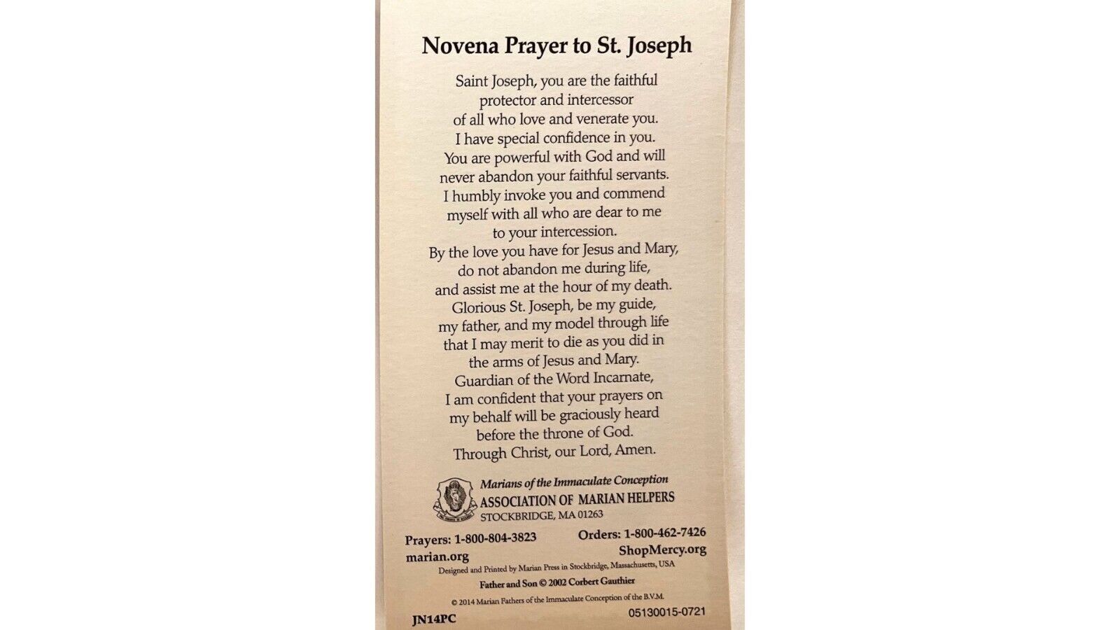 Saint Joseph Prayer Card Novena 5 Pack - Bob and Penny Lord