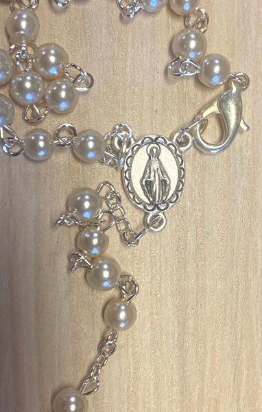 White Faux Pearl  Rosary 15" L , Necklace New from Jerusalem