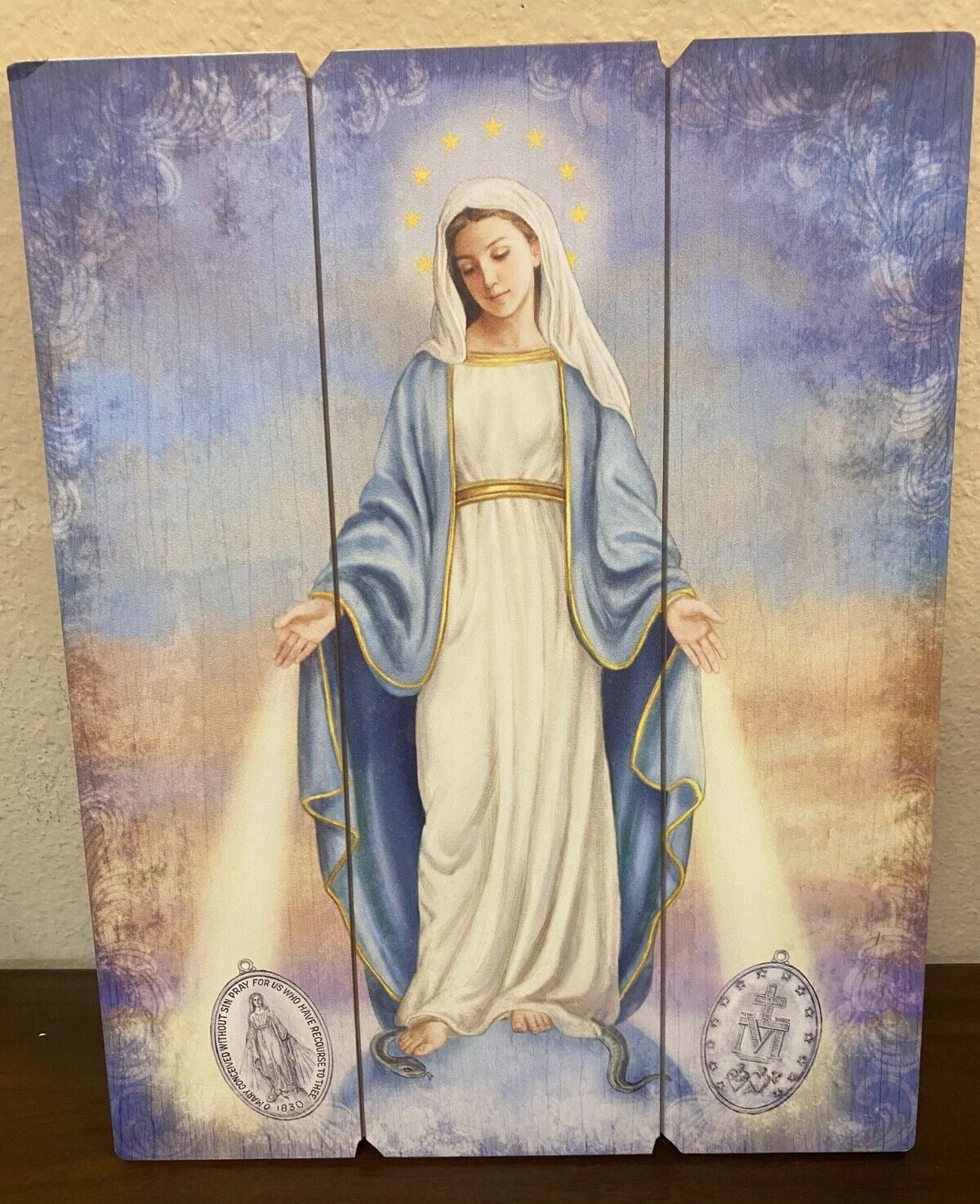 Our Lady of the Miraculous Medal Image on Wood Pallet, New