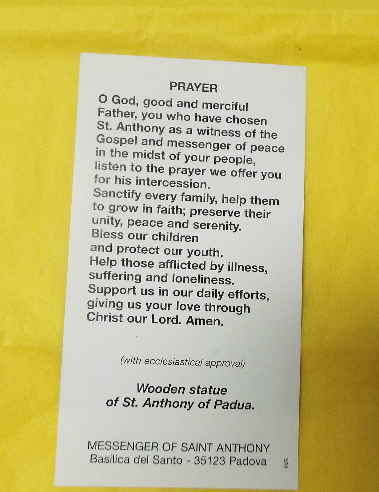Saint Anthony of Padua Prayer Card, From Italy