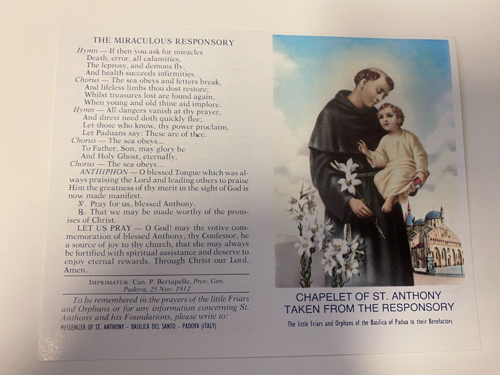 Chaplet of Saint Anthony taken from the Responsory Folder, New from Italy - Bob and Penny Lord