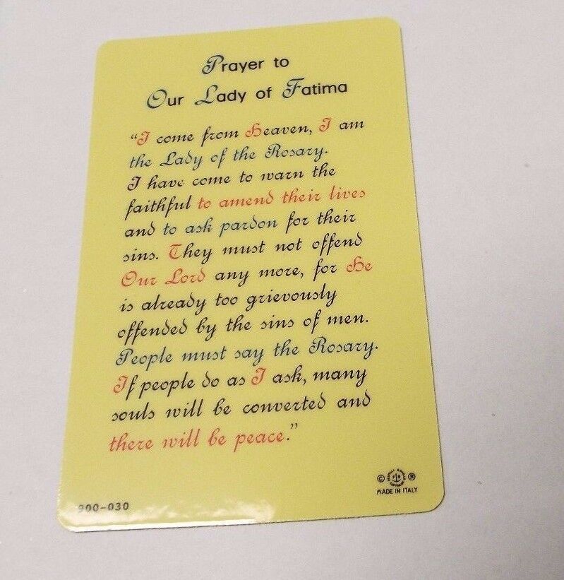 Prayer to Our Lady of Fatima, Prayer Card, New - Bob and Penny Lord