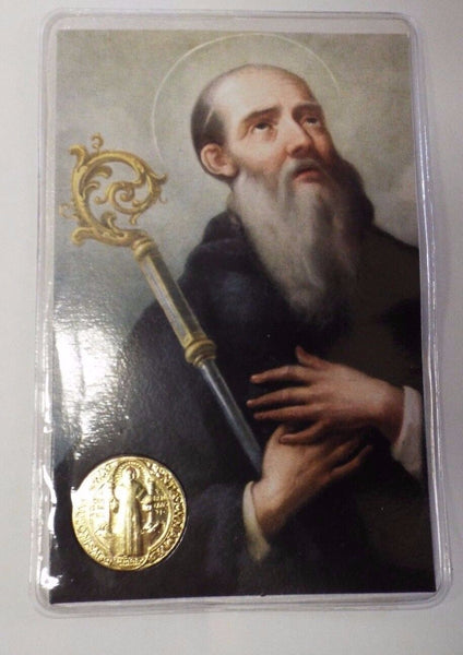 Saint Benedict Laminated Prayer Card with Gold Medal,Image 2, From Italy, New