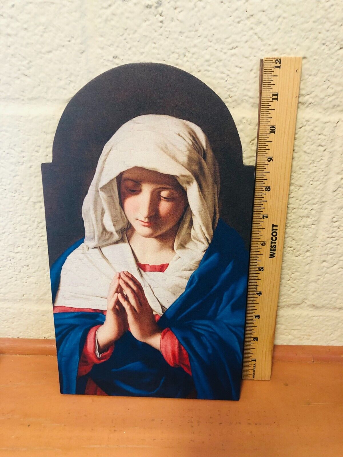 Virgin in Prayer 12" Arched Wood Plaque, New