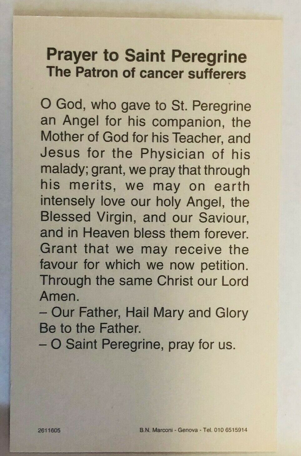 Saint Peregrine Laziosi  (The Cancer Saint)  Prayer Card, From Italy New 1