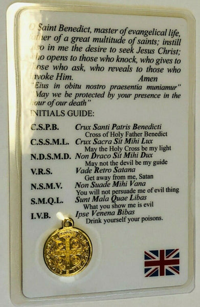 Saint Benedict Laminated Prayer Card with Gold Medal, From Italy, New #3
