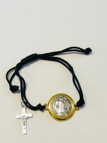 Saint Benedict 2 Tone Medal Rope Adjustable Bracelet  7.5",  New