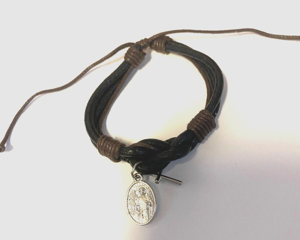 Leather Cuff Bracelet with St Michael The Archangel Charm + Cross Charm, New