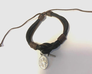 Leather Cuff Bracelet with St Michael The Archangel Charm + Cross Charm, New