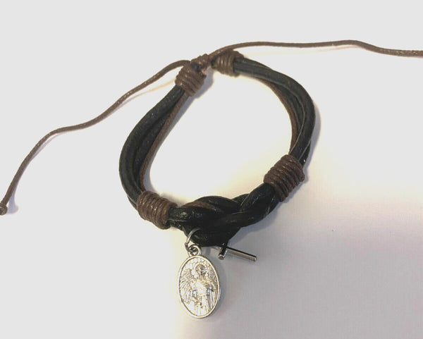 Leather Cuff Bracelet with St Michael The Archangel Charm + Cross Charm, New