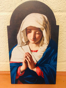 Virgin in Prayer 12" Arched Wood Plaque, New
