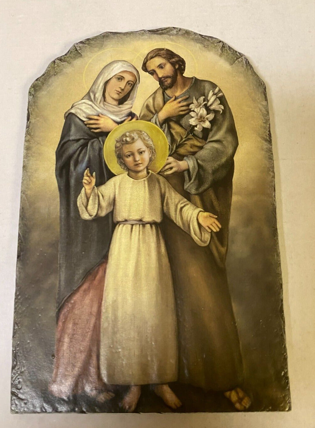 Holy Family Arched Tile Plaque with metal stand, New - Bob and Penny Lord