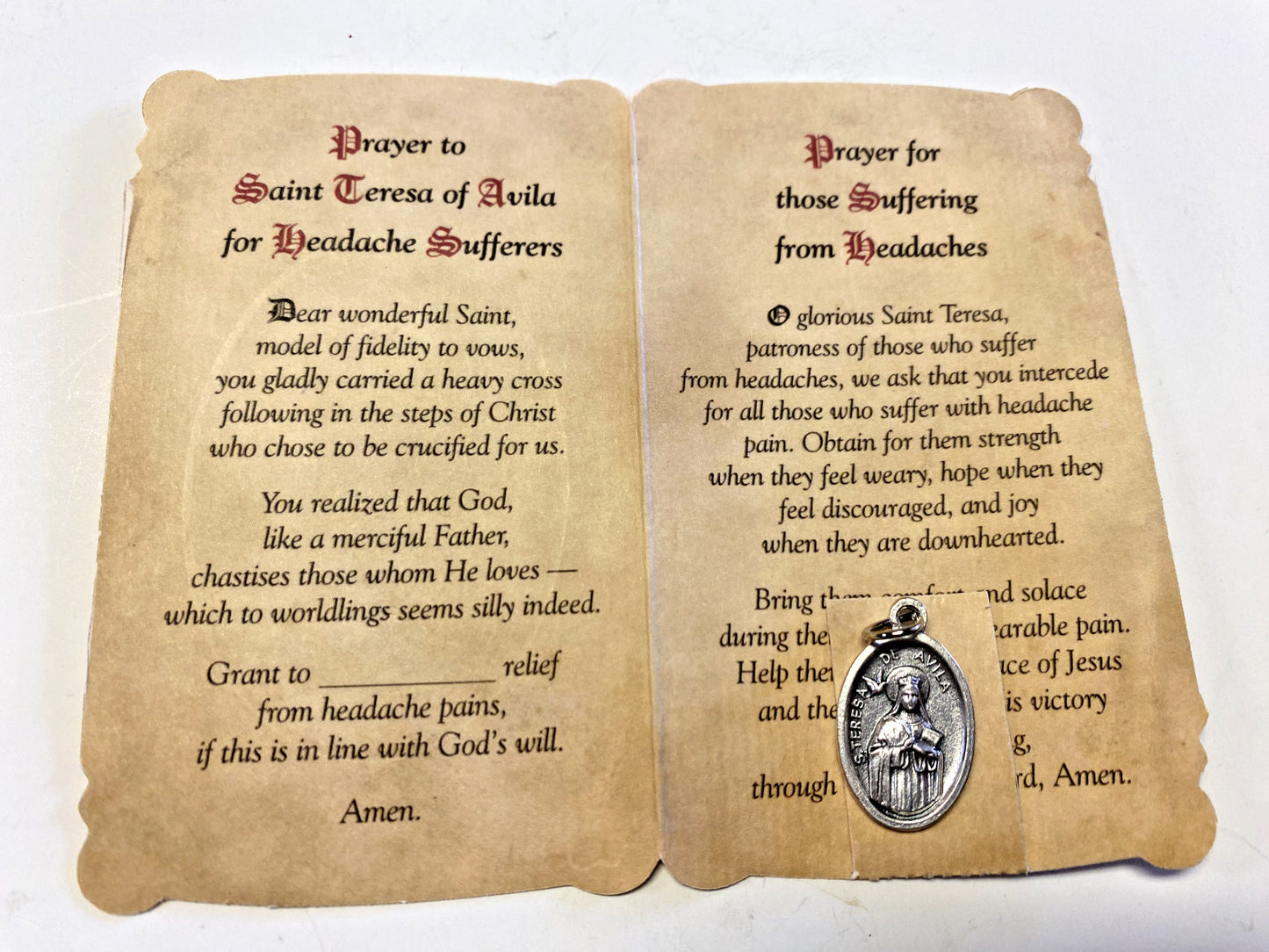 Saint Teresa of Avila "Headache, Prayer" Card + Medal, New from Italy