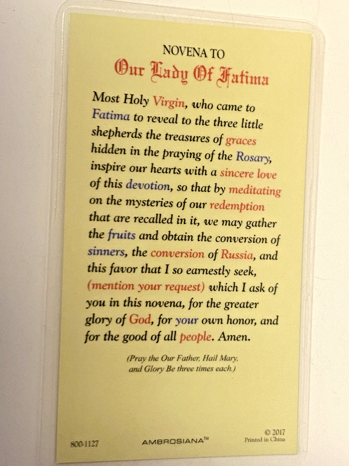 Our Lady of Fatima Laminated Novena Prayer Card, New - Bob and Penny Lord