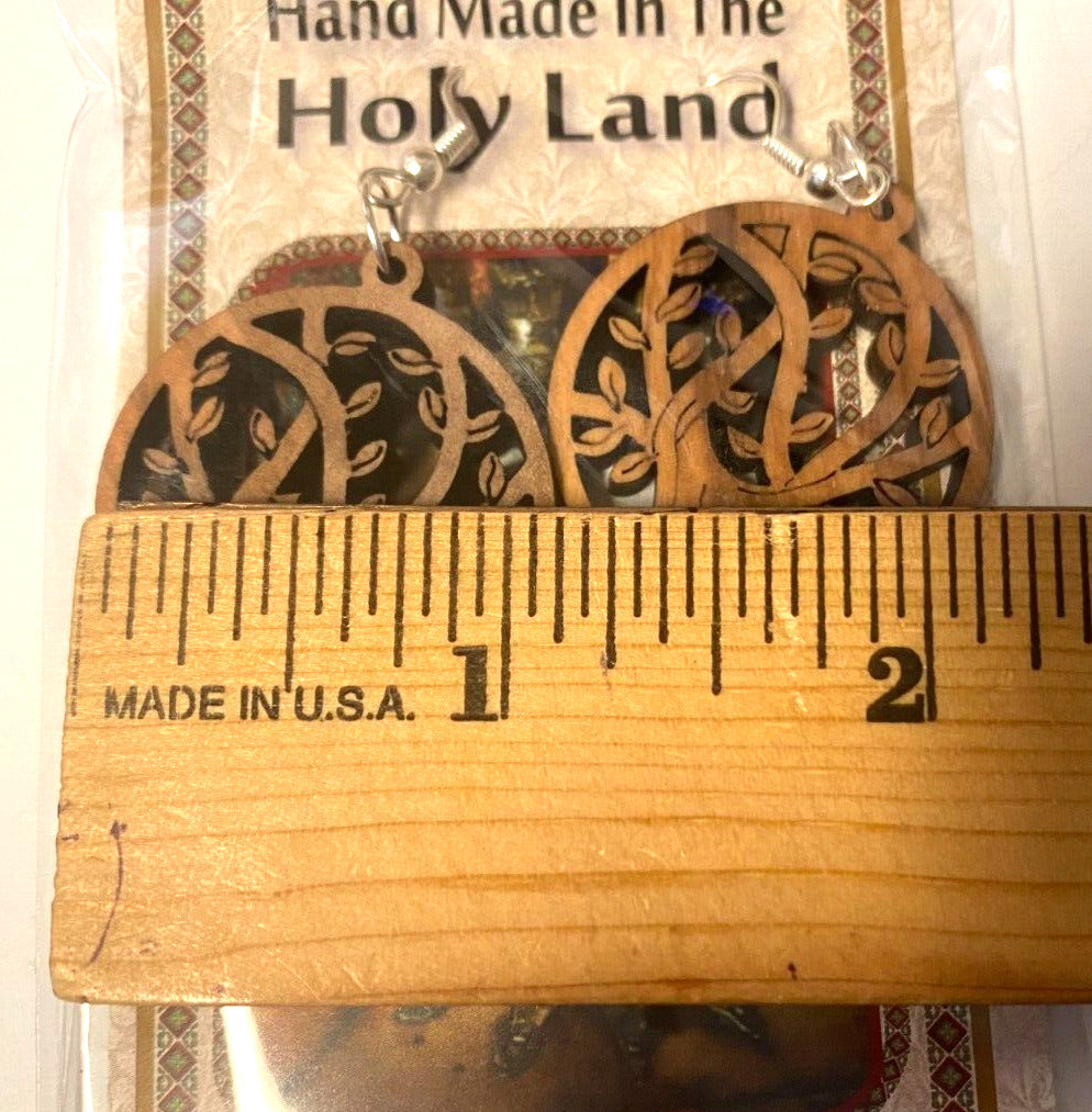 Olive Wood Tree Round  2" Hanging Earrings, New From the Holy Land - Bob and Penny Lord