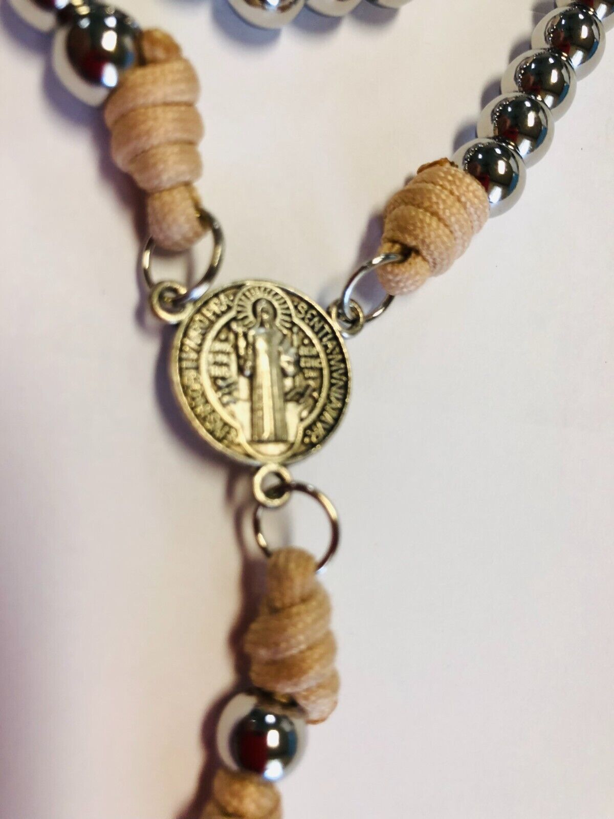 Saint Benedict Rosary Gray Stainless Steel Beads on Paracord, New - Bob and Penny Lord