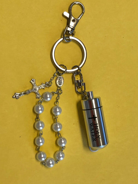 Holy Water Vial with 1 decade Rosary Keychain, New