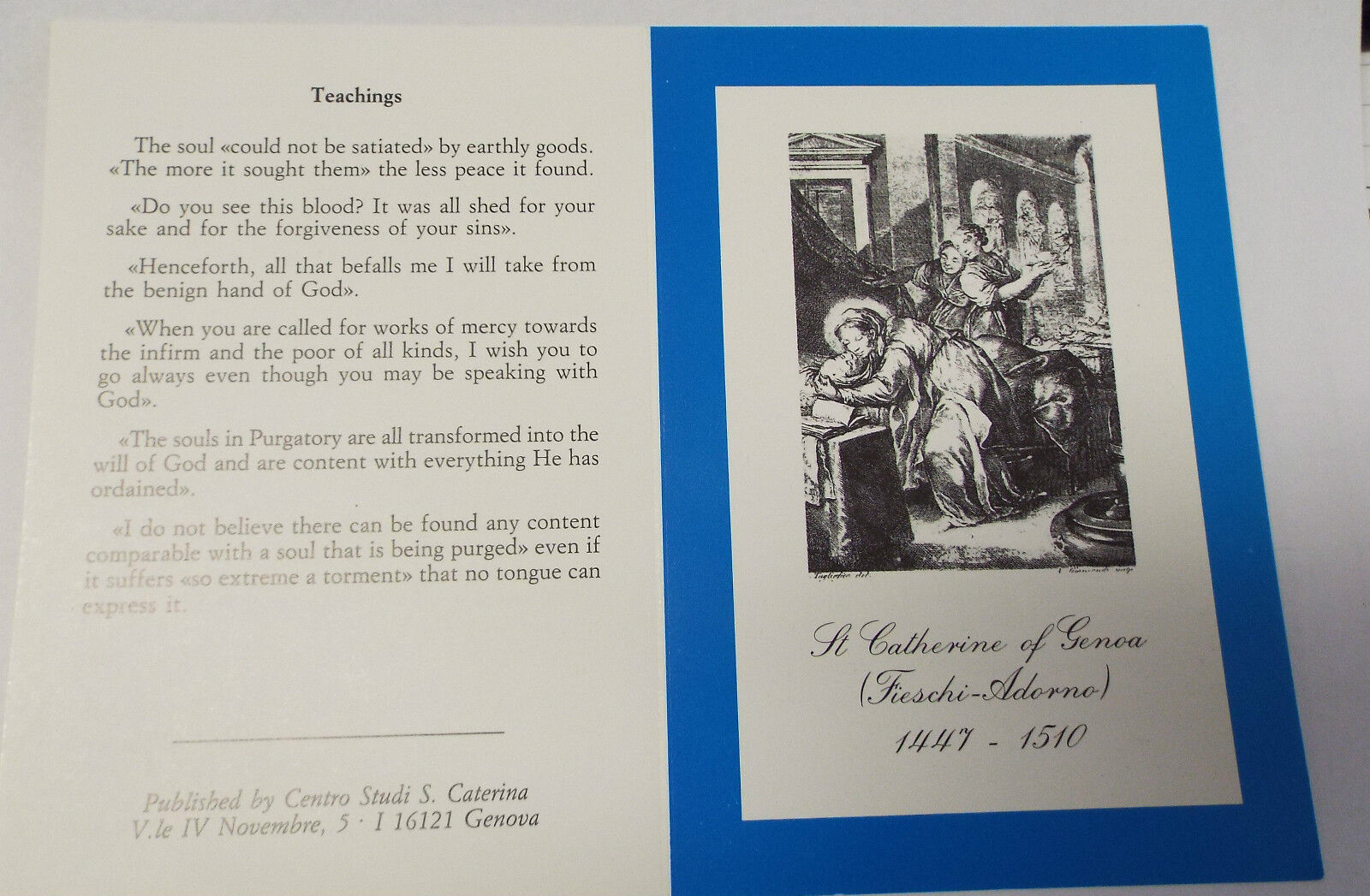 Saint Catherine of Genoa Prayer with Bio & Teachings Folder, From Italy - Bob and Penny Lord