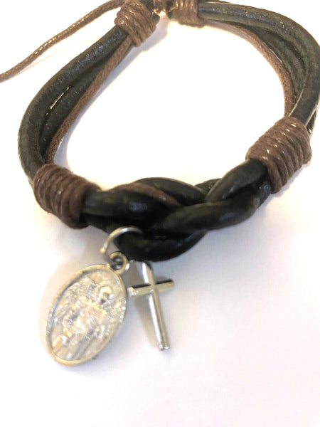 Leather Cuff Bracelet with St Michael The Archangel Charm + Cross Charm, New