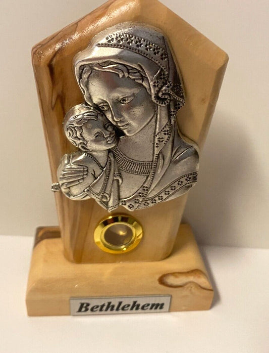 Blessed Mother with Child Pewter Image set on Wood, Small, New from Bethlehem - Bob and Penny Lord