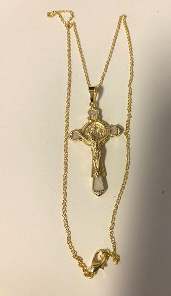 Brazilian Gold & White with Saint Benedict Crucifix 20" Necklace, New