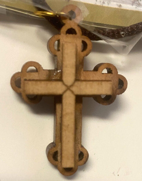 Olive Wood Black Cord 1.50" Ornate Cross Necklace, New From Jerusalem