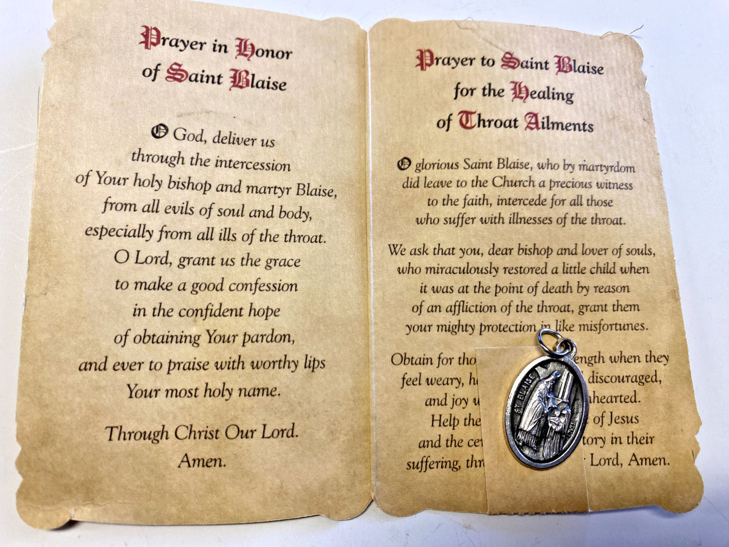 Saint Blaise "Patron Saint of Throat Ailments" Prayer Card + Medal, New