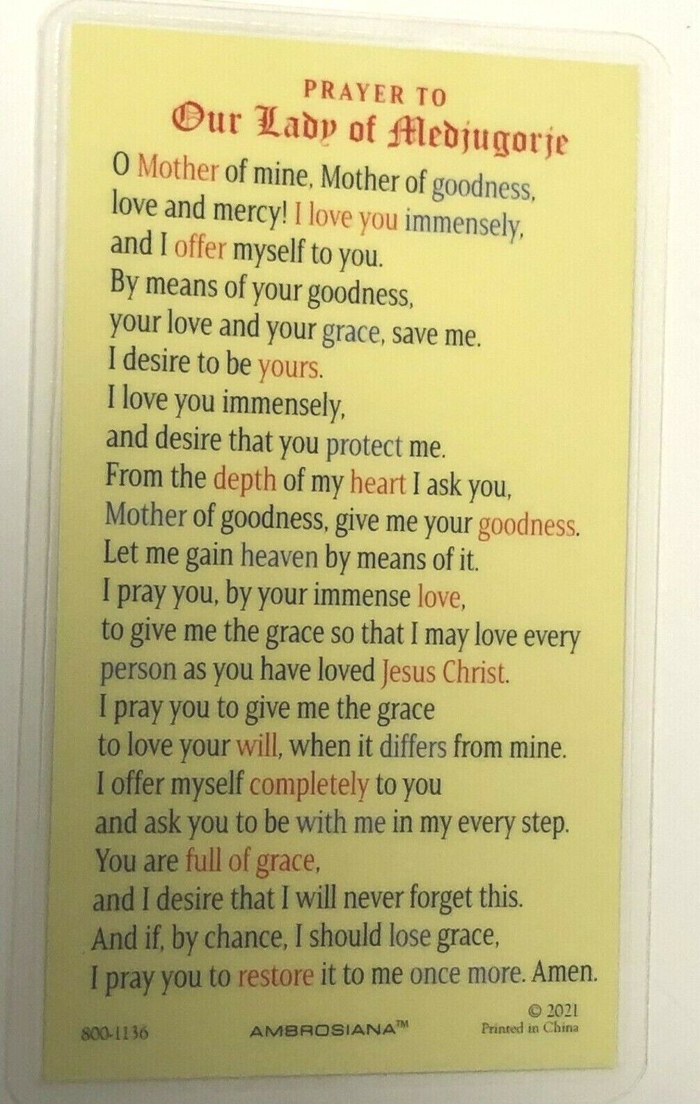 Our Lady of Medjugorje Laminated Prayer Card, New - Bob and Penny Lord