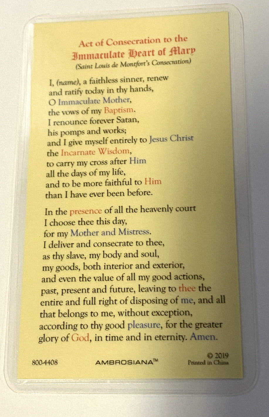 Immaculate Heart of Mary Laminated Prayer Card, New - Bob and Penny Lord