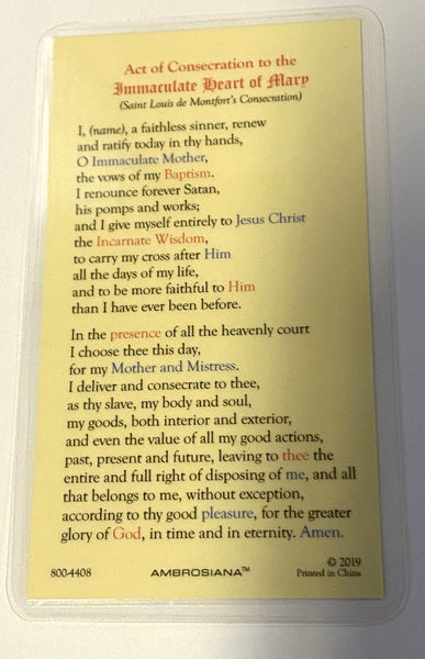 Immaculate Heart of Mary Laminated Prayer Card, New