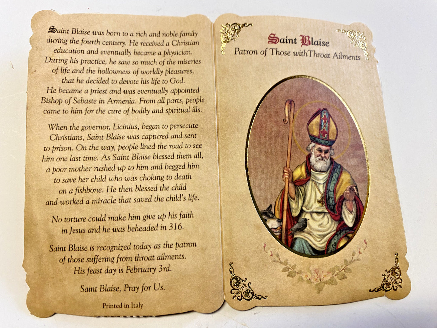 Saint Blaise "Patron Saint of Throat Ailments" Prayer Card + Medal, New