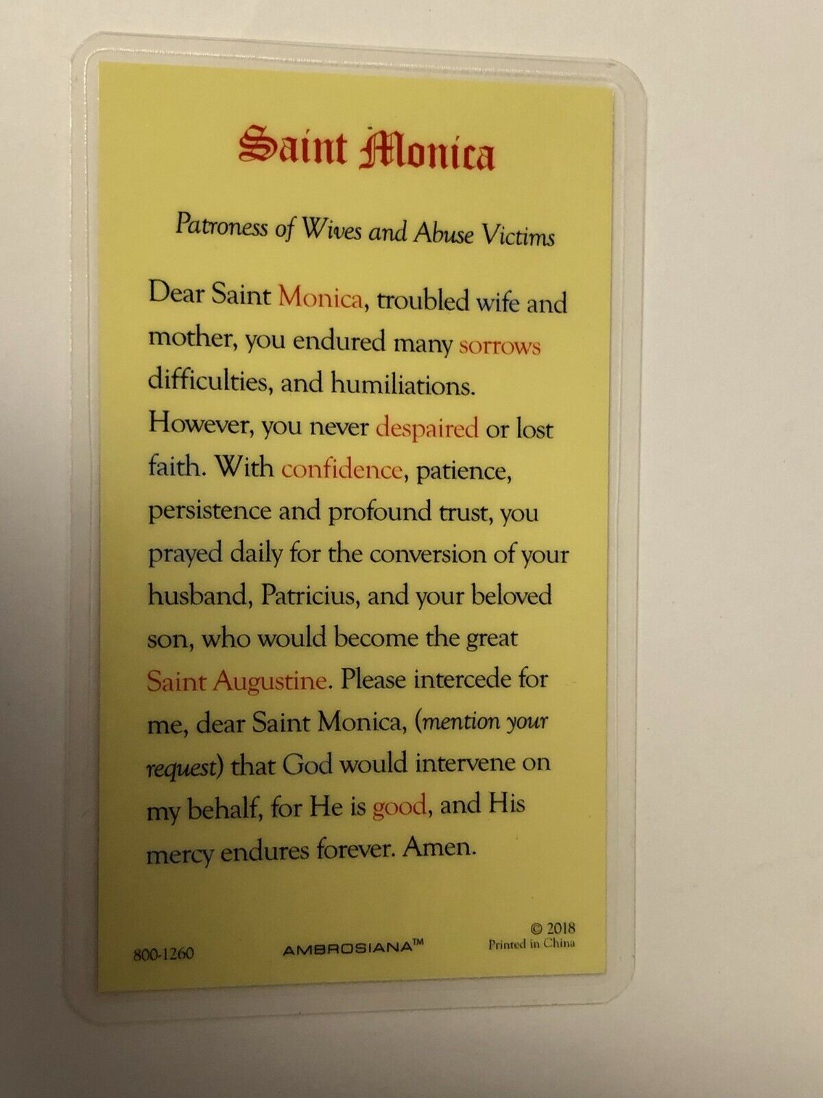 Saint Monica Laminated Prayer Card, new