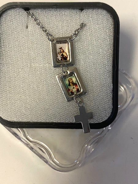 Sacred Heart & Our Lady of Mount Carmel Scapular with Tiny Pictures,Silver, New