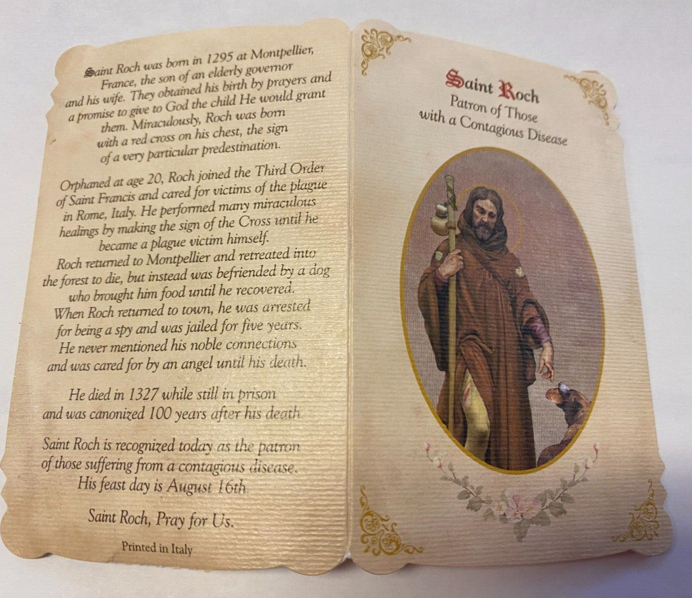 Saint Roch ( Patron of Plagues) Prayer Card + Medal, New
