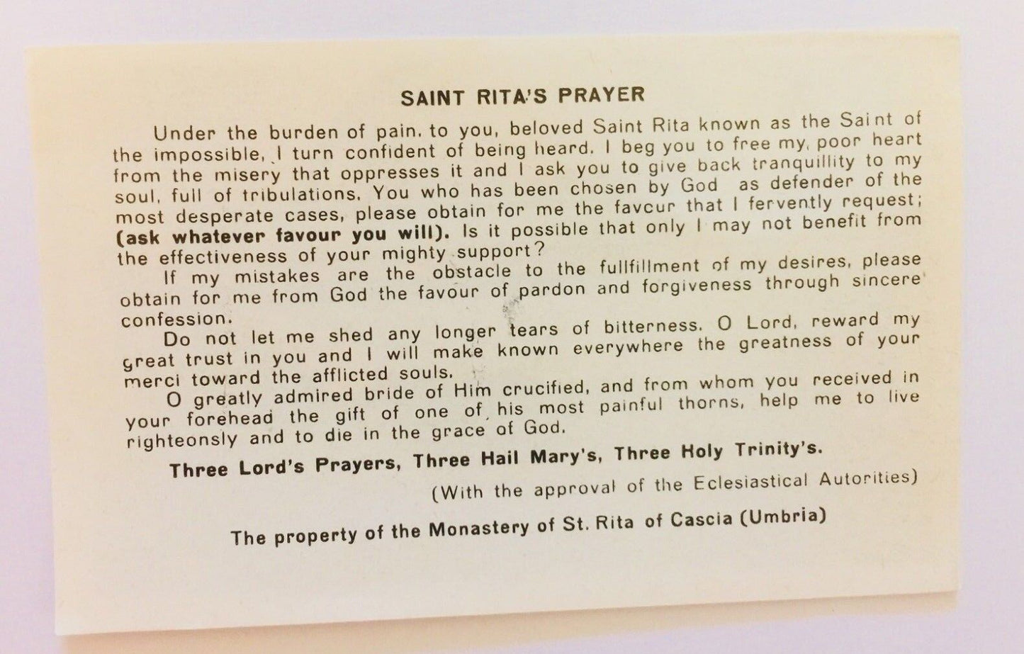 Saint Rita of Cascia Prayer Card, New