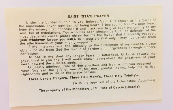 Saint Rita of Cascia Prayer Card, New