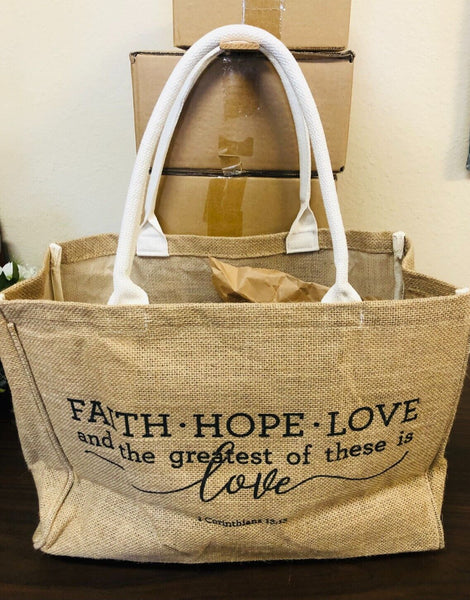 Jute Large Tote, "Faith-Hope-Love", 16.5"x12.5", New