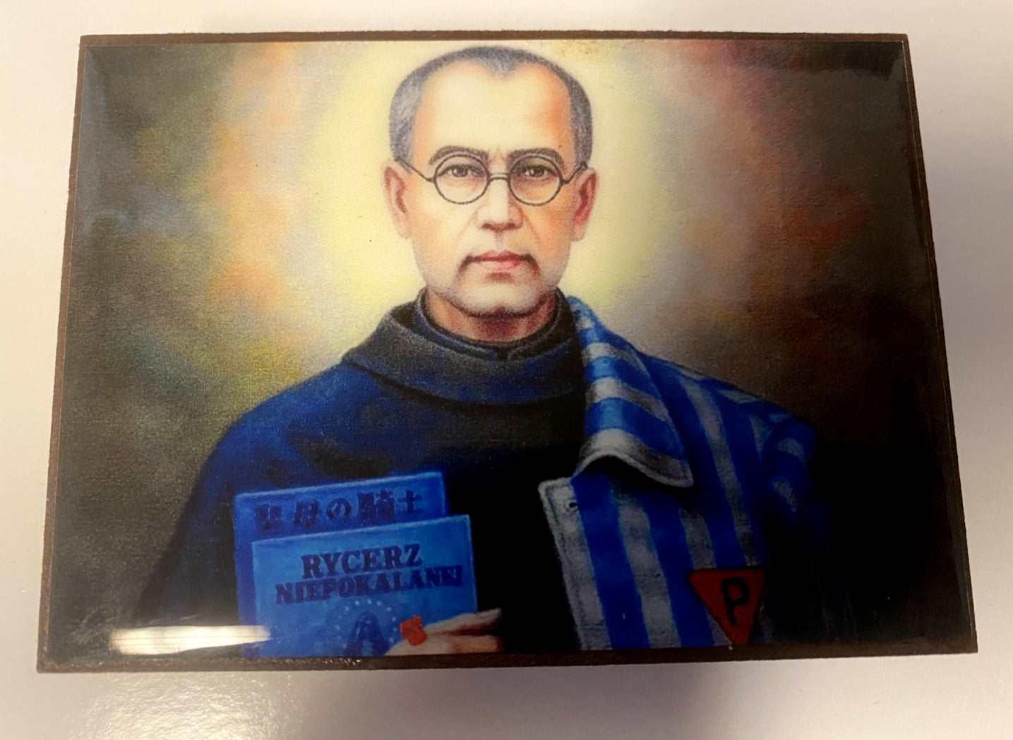 Saint Maximilian Kolbe Wood Rosary Box with Rosary, New from Colombia