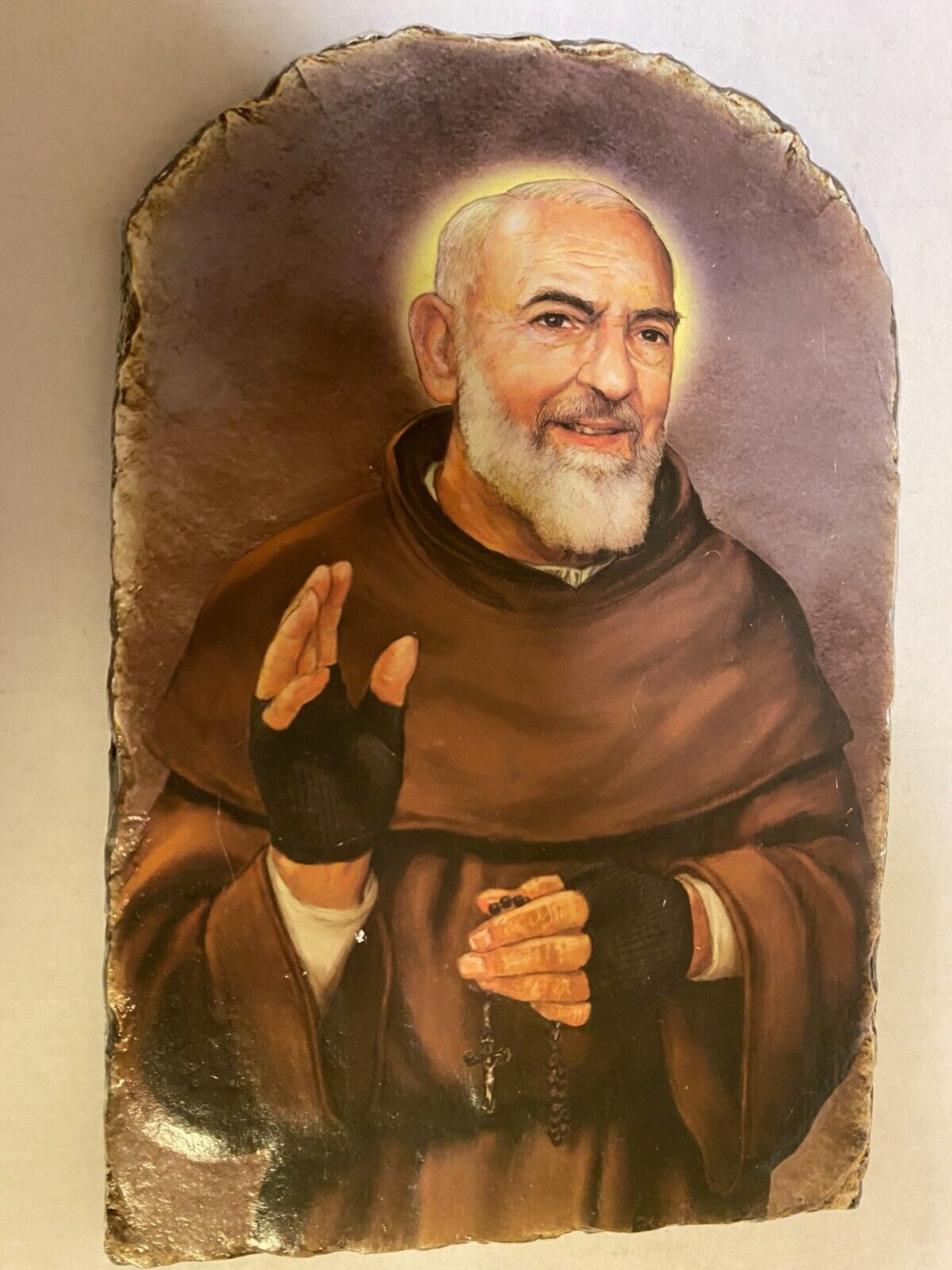 Padre Pio Arched Tile Plaque with metal stand, New - Bob and Penny Lord