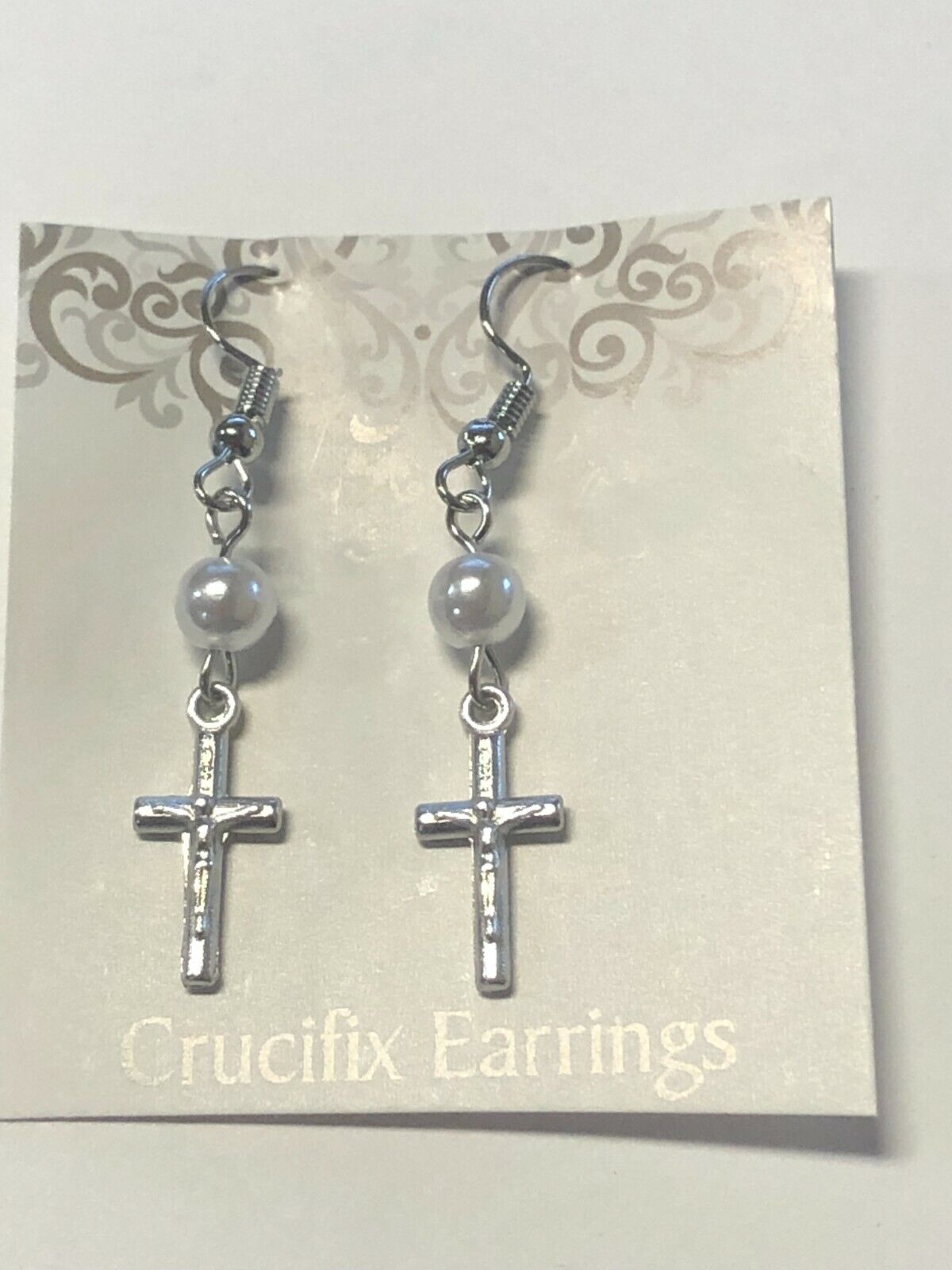 Crucifix & Faux Pearl Earrings, Silvertone, New