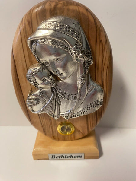 Blessed Mother with Child Pewter Image set on Wood, Medium, New from Bethlehem