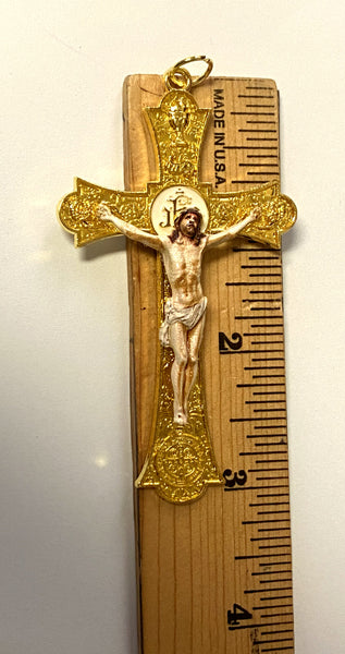 Holy Mass Crucifix with Saint Benedict Medal, Gold tone, 3", New