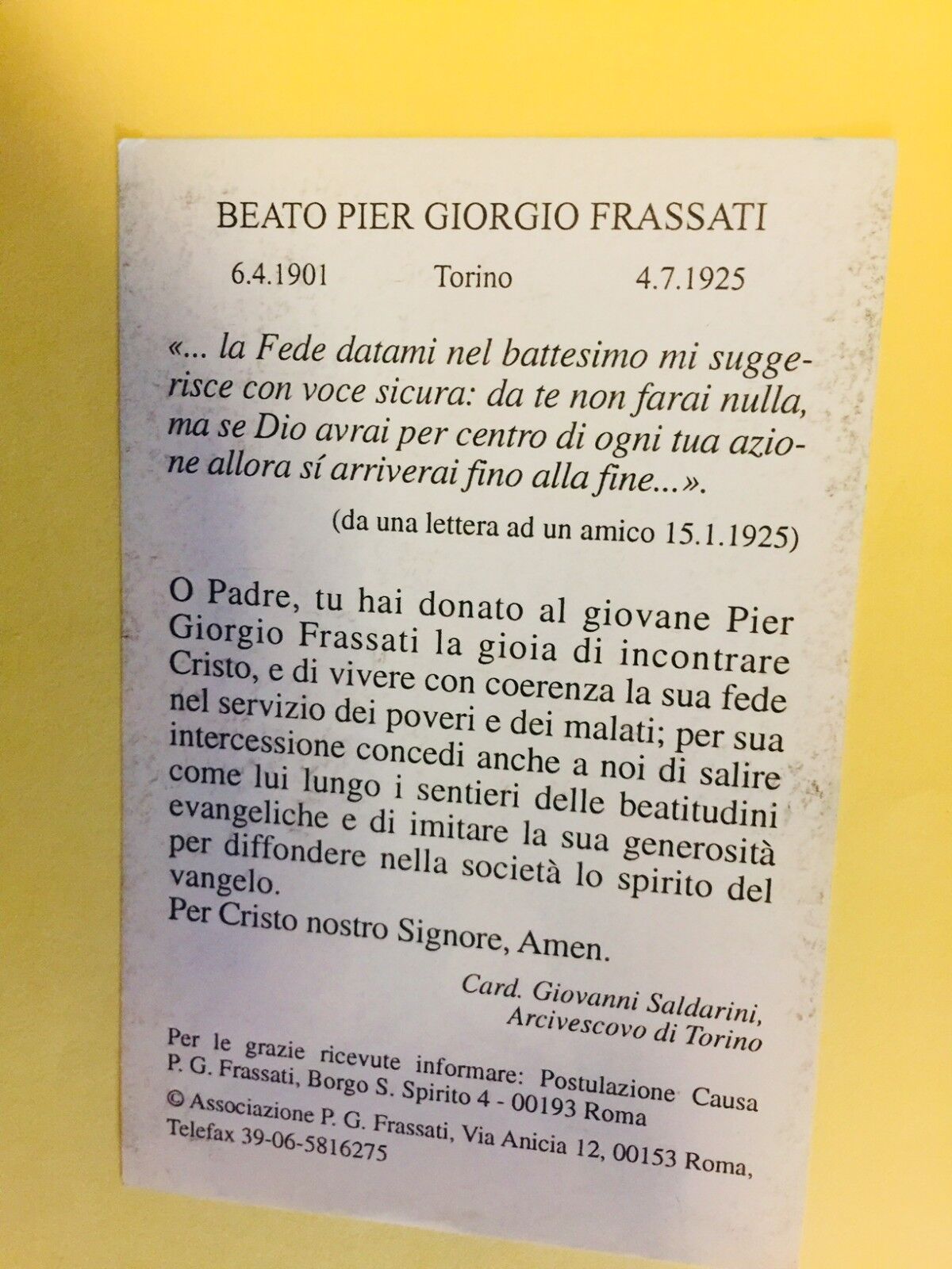 Beato Pier Giorgio Frassati, Preghiera in Italiano, Nuovo dall' Italia - Bob and Penny Lord