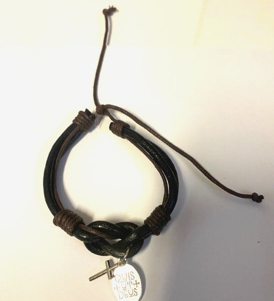 Leather Cuff Bracelet with St Michael The Archangel Charm + Cross Charm, New