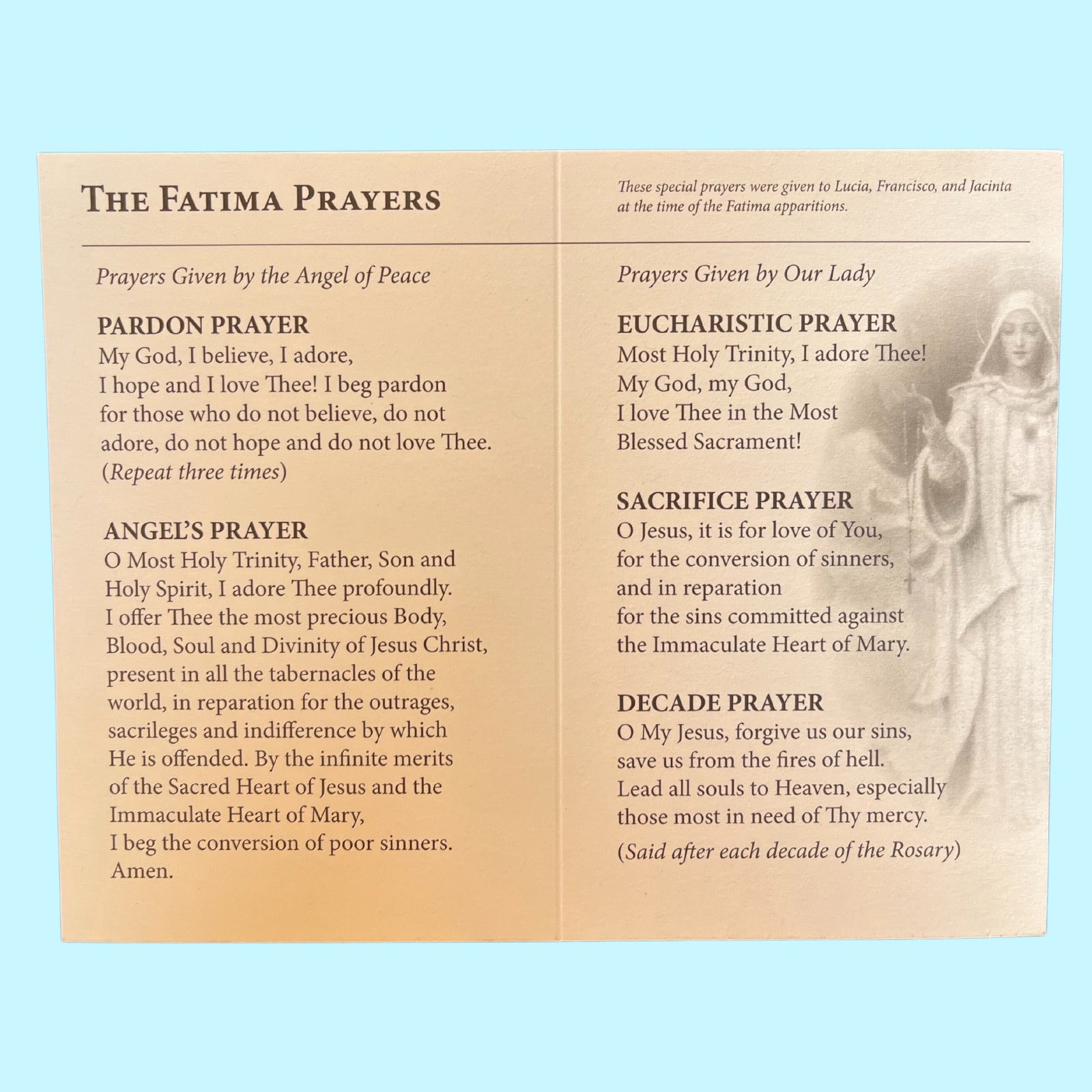Our Lady of Fatima Prayer Card with the Fatima Prayers - Bob and Penny Lord